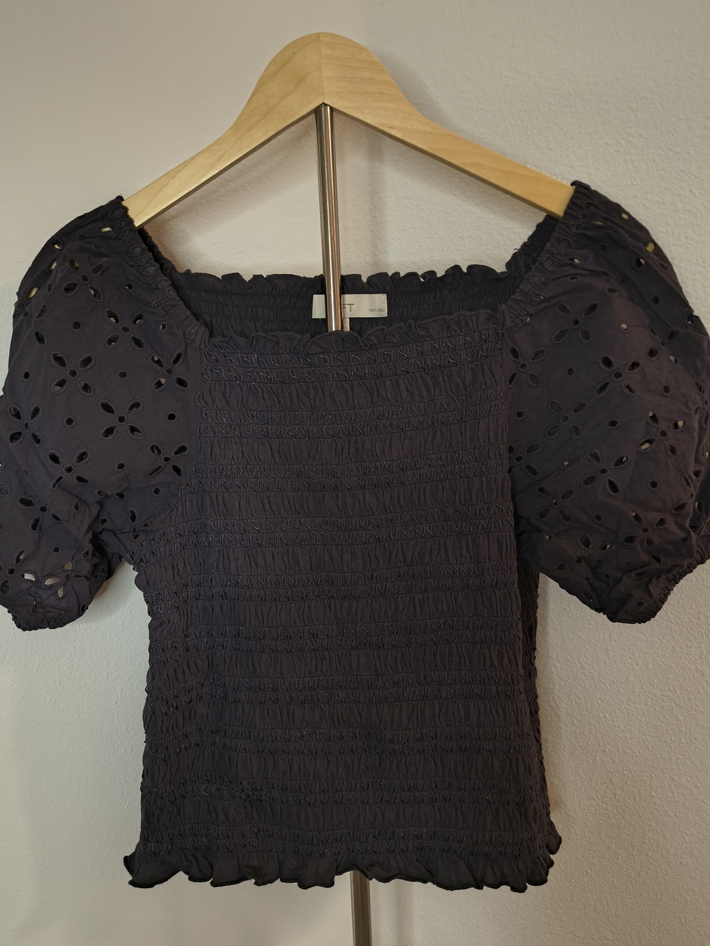 LOFT Navy Smocked Eyelet Puff-Sleeve Crop Top